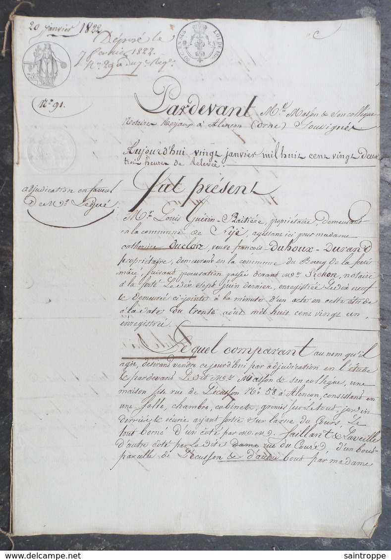 Manuscrit De 1822.Louis Baitière à Fyé Pour Mme Duclair à La Ferté-Macé,vend Une Maison à Alençon 58 Rue De L'Ecusson. - Manuscrits