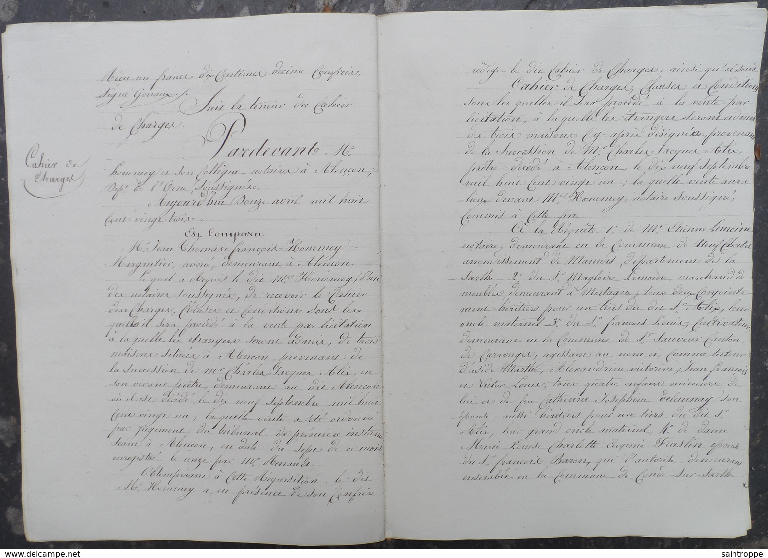 Manuscrit de 1823.Succession de Charles Alix,Prêtre à Alençon,vente sur licitation de 3 maisons à Alençon...