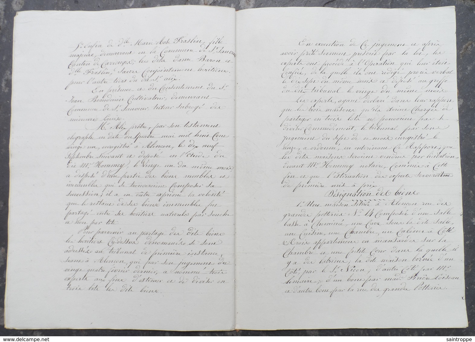 Manuscrit de 1823.Succession de Charles Alix,Prêtre à Alençon,vente sur licitation de 3 maisons à Alençon...