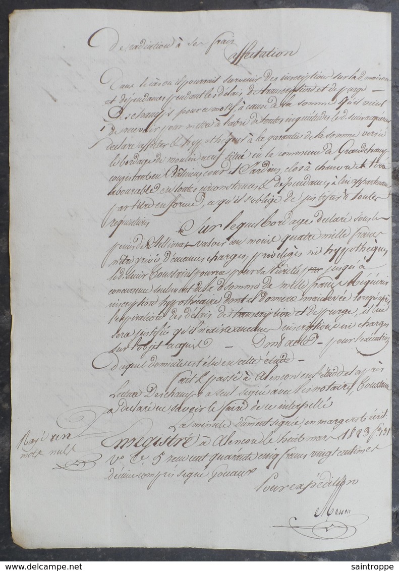 Manuscrit De 1823.Jean Deschamps à Chérancé(72),vend à Benjamin Toussaint, Une Maison "Le Cheval Blanc" à Alençon. - Manuscrits