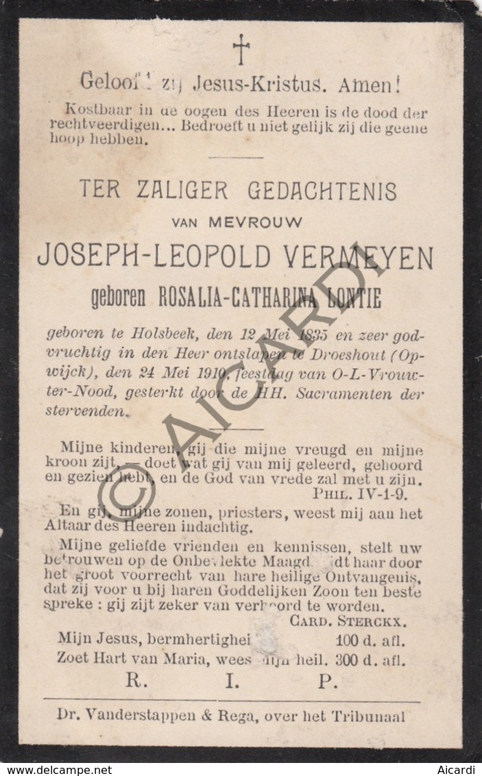Doodsprentje Rosalia Catharina Lontie °1835 Holsbeek †1910 Droeshout-Opwijk Echtg. Joseph Leopold Vermeyen (B219) - Esquela