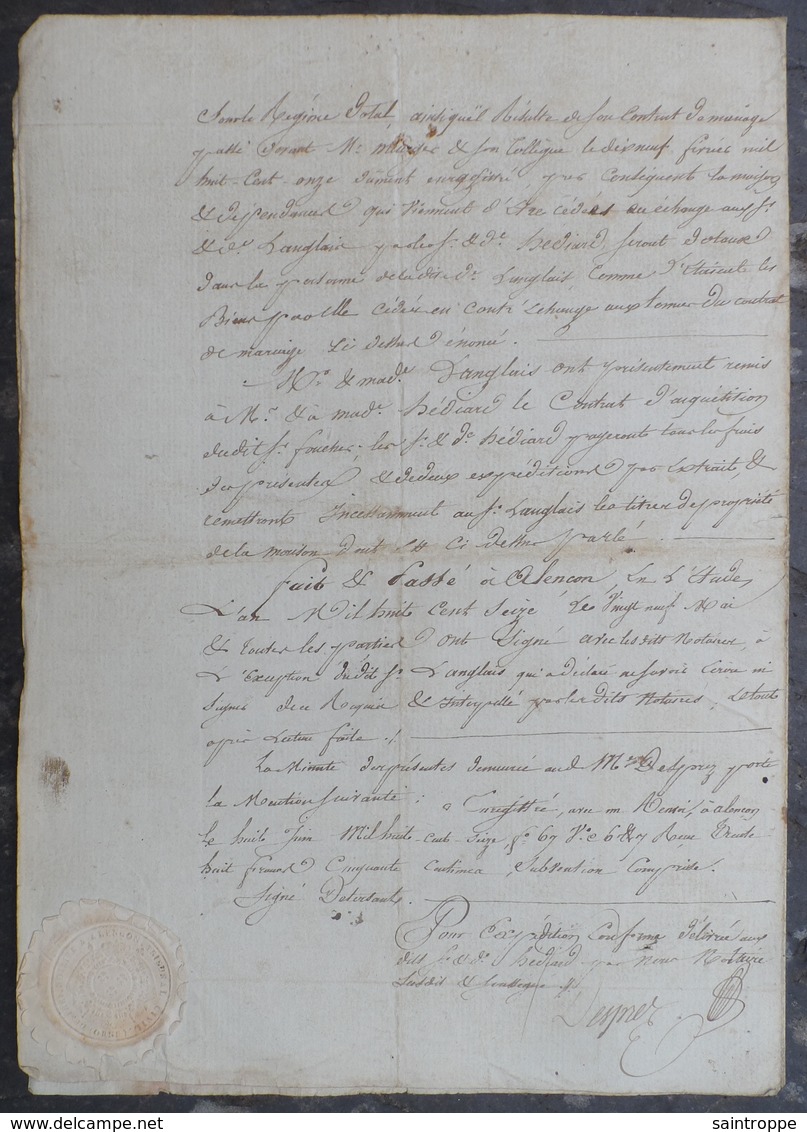 Manuscrit De 1816.J.Hédiard,Bouilleur D'eau De Vie à Alençon, échange Avec Isaac Langlais Une Maison à Alençon.... - Manuscrits