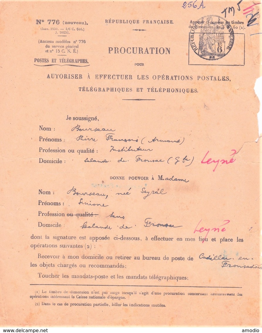 Procuration Postale Timbre Fiscal 1F50 Lalande De Fronsac  07/09/39 - Autres & Non Classés