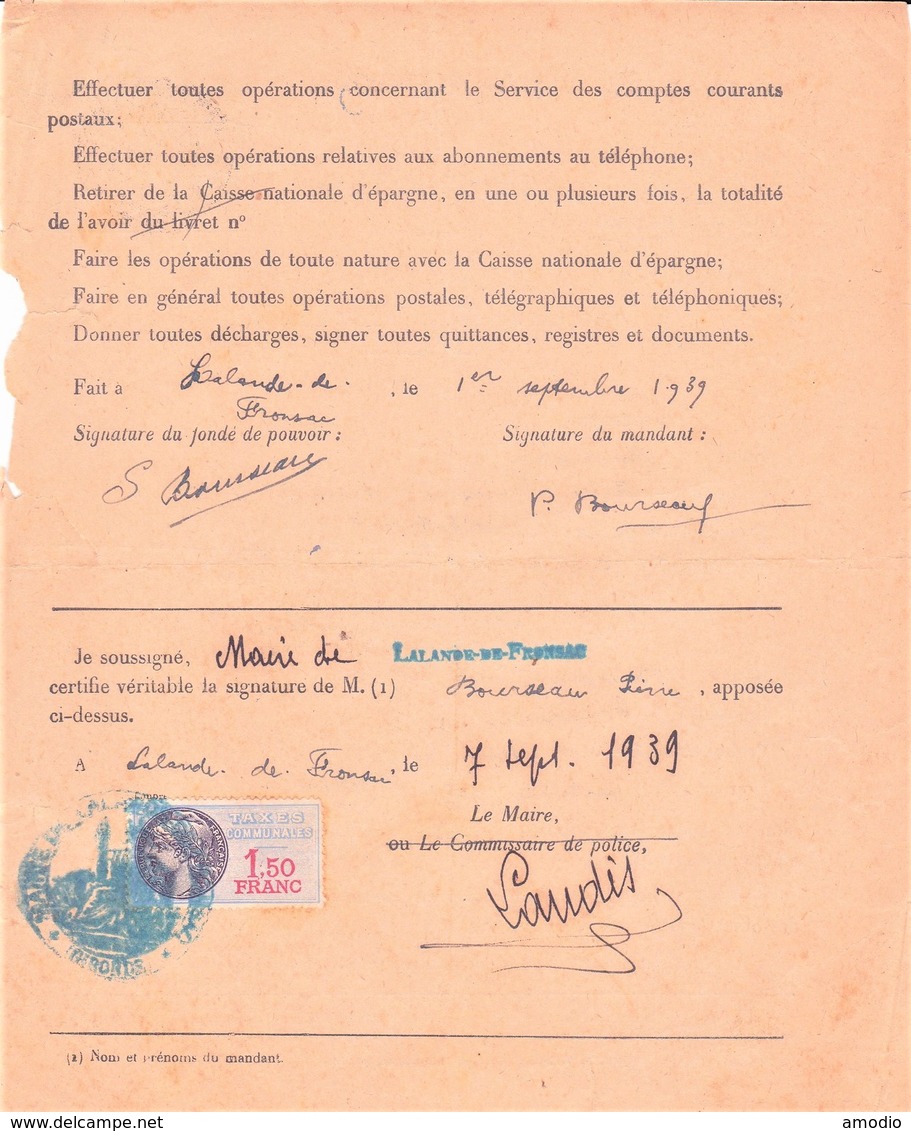 Procuration Postale Timbre Fiscal 1F50 Lalande De Fronsac  07/09/39 - Autres & Non Classés