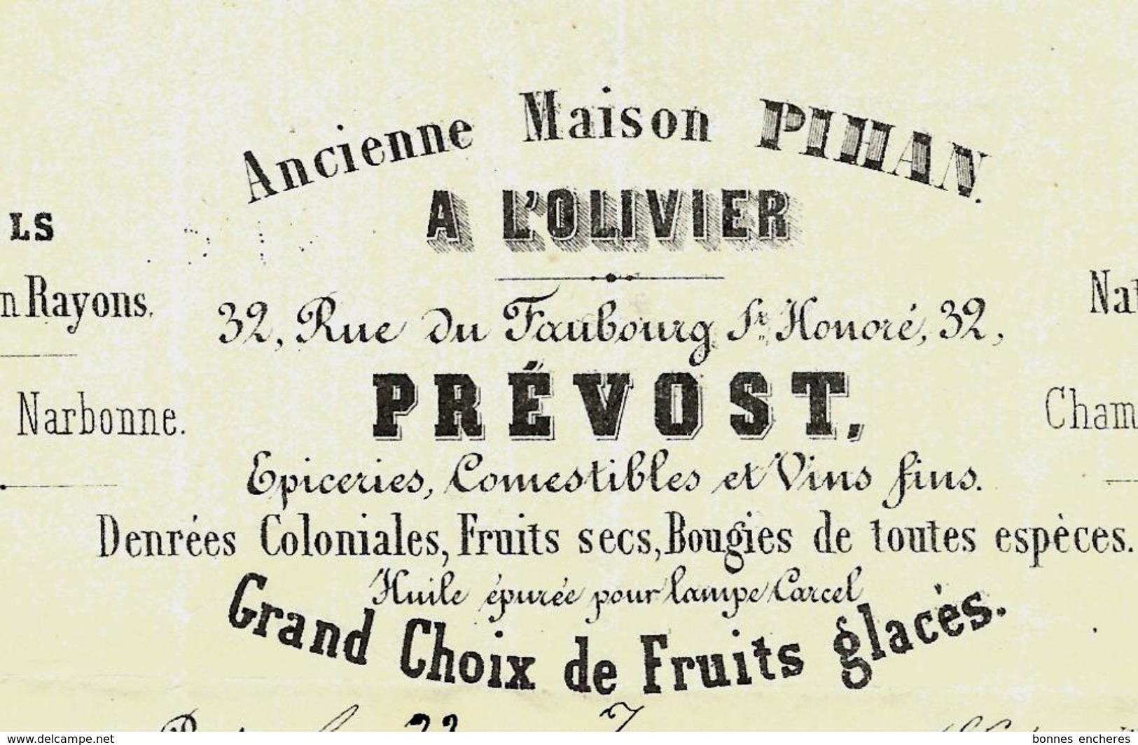 1864  Paris A L'OLIVIER PREVOST Rue Faub. St Honoré Miels Fruits Glacés  => Mme La Comtesse De Nicolai V. SCANS - 1800 – 1899