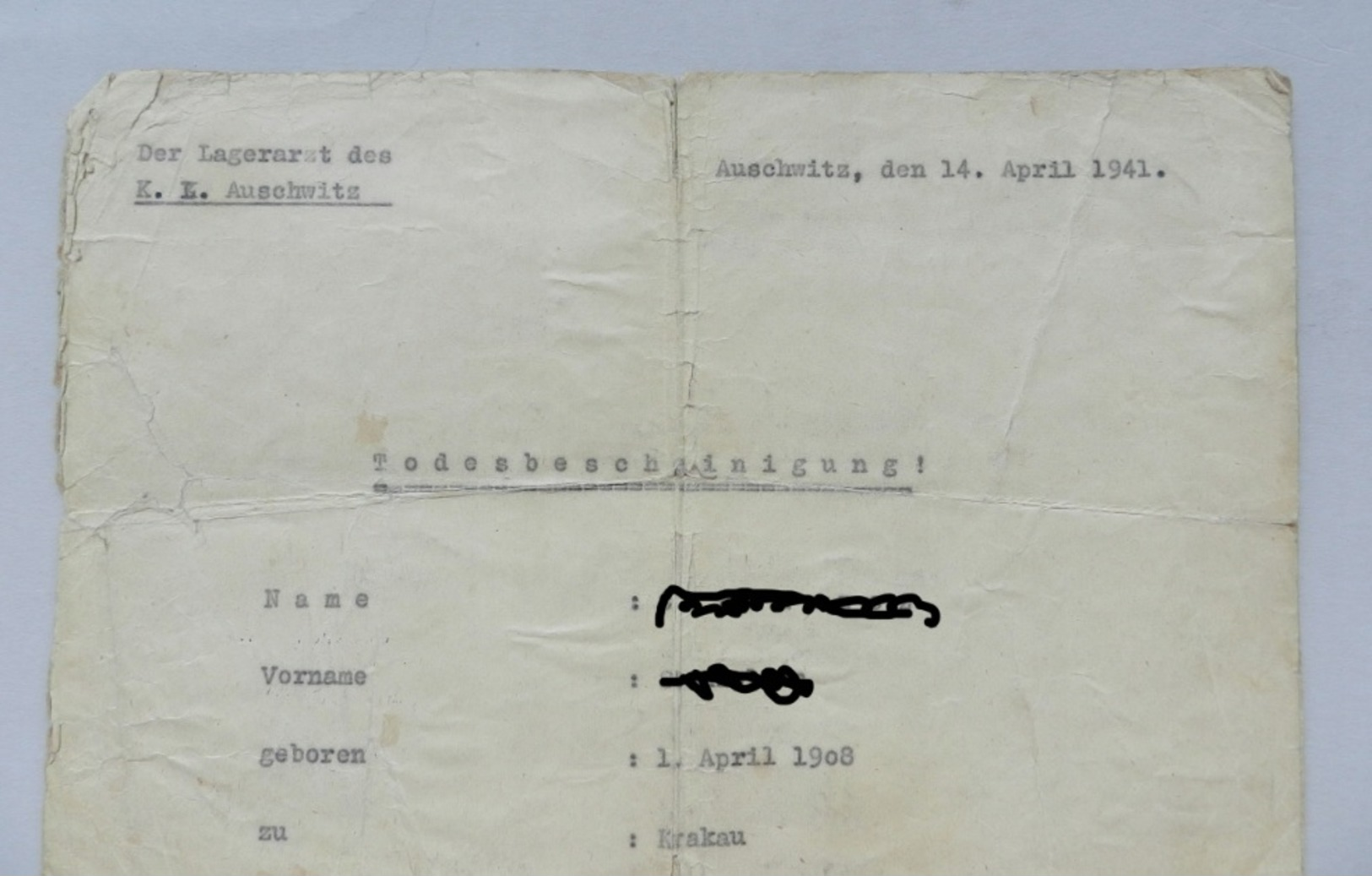 Rare Certificat De Décès Camp De Concentration Auschwitz 1941 - Documents