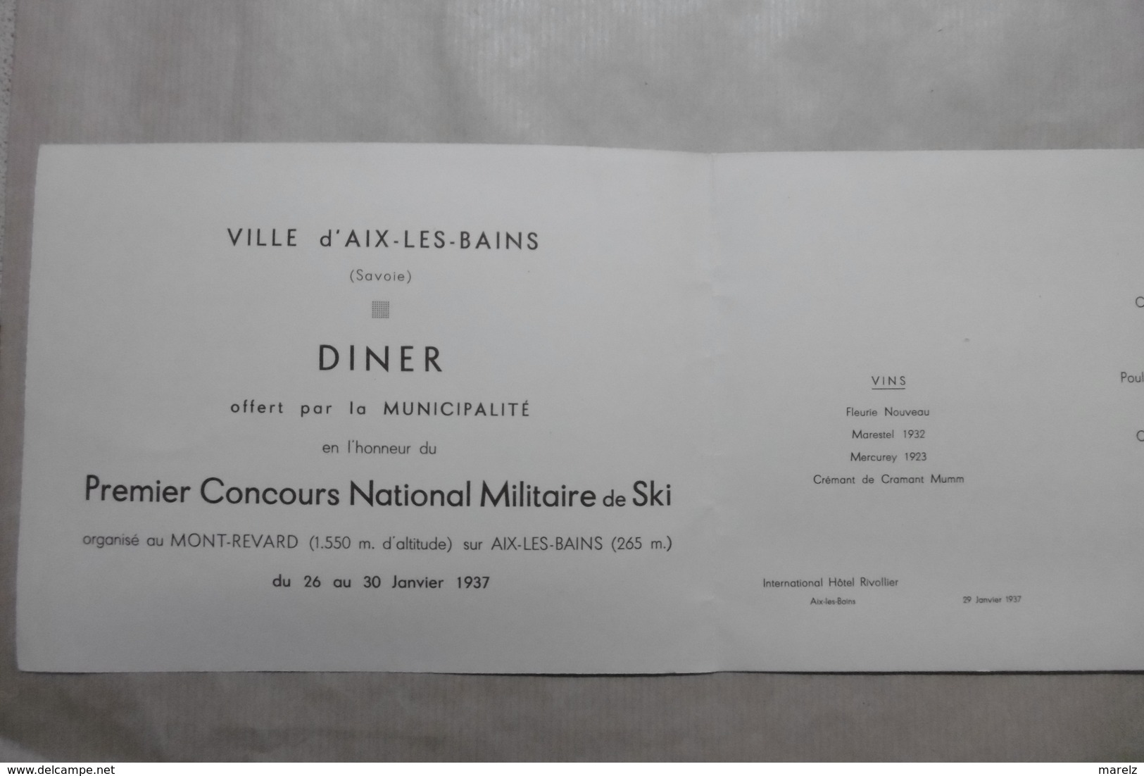 Menu MILITAIRE "Premier Concours National Militaire De Ski" International Hôtel RIVOLLIER à AIX-LES-BAINS - Menus