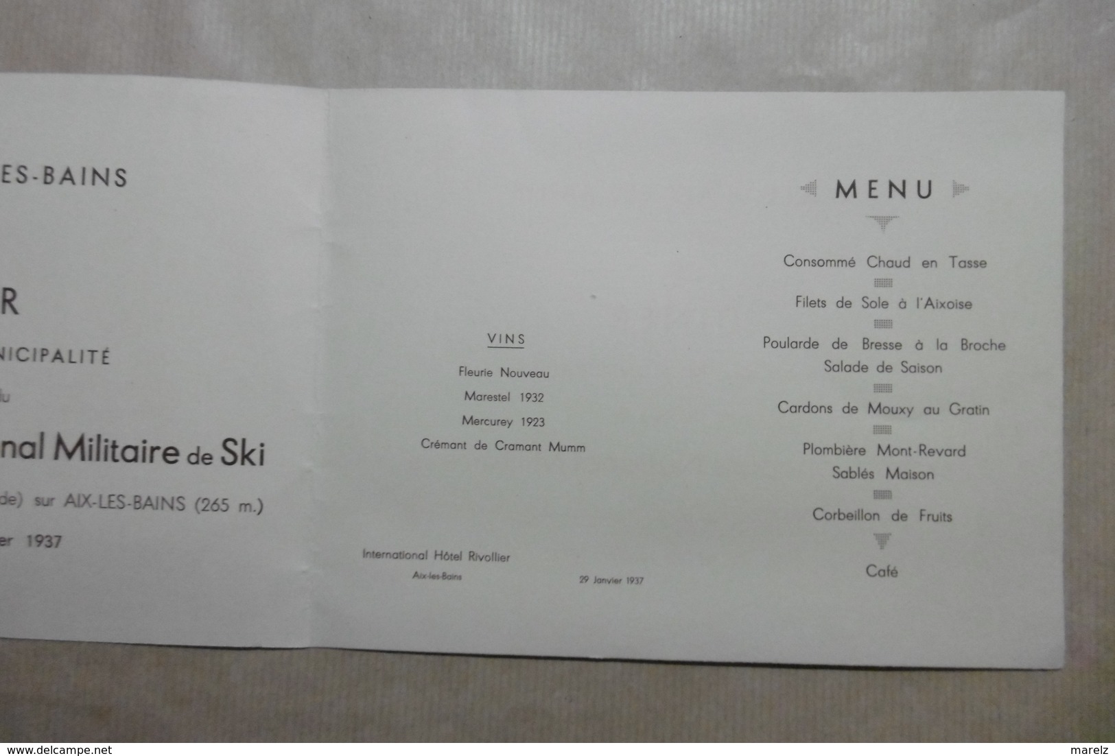 Menu MILITAIRE "Premier Concours National Militaire De Ski" International Hôtel RIVOLLIER à AIX-LES-BAINS - Menus