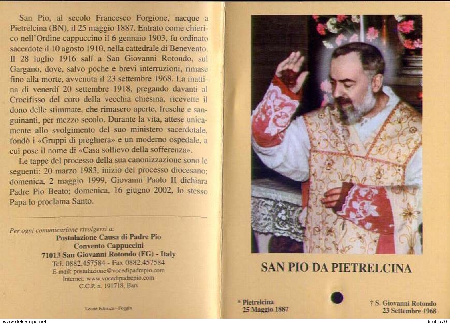 Santino - S.pio Da Pietrelcina - 25-5-1887 - 23-9-1967 - Con Reliquia - Fe1 - - Santini