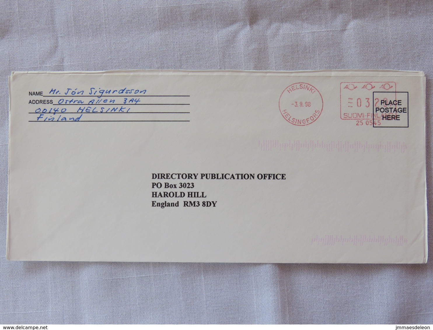 Finland 1998 Cover Helsinki To England - Machine Franking - Briefe U. Dokumente