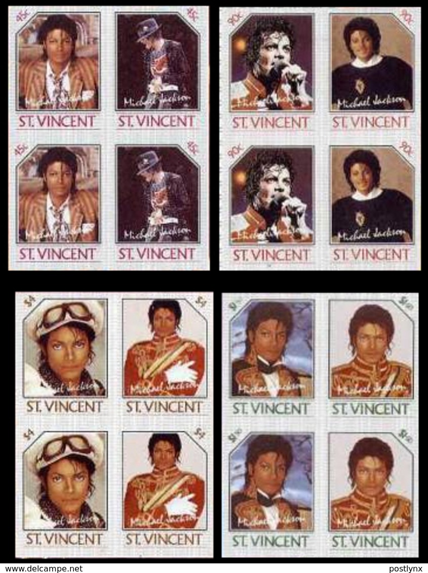 ST.VINCENT 1985 American Singer Songwriter Michael Joseph Jackson IMPERF.s-t.4-BLOCKS:4 (16 Stamps - St.Vincent (1979-...)