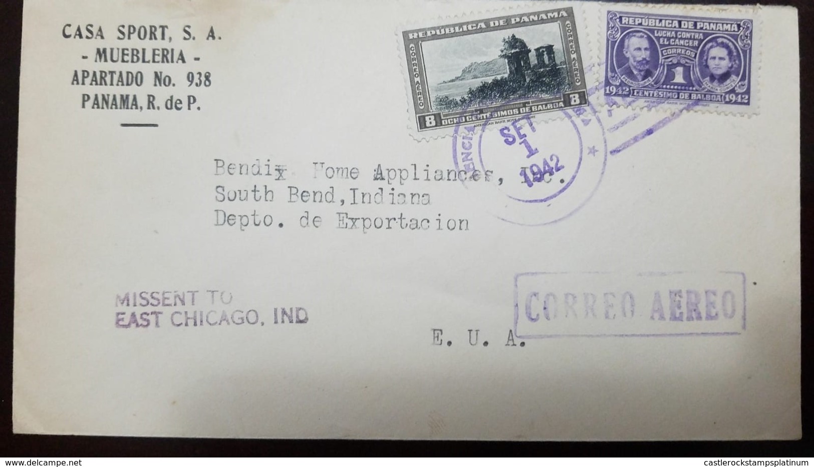 O) 1942 PANAMA, PIERRE AND MARIE CURIE SC RA10 1b, GATE OF GLORY PORTOBELO 8b, CASA SPORT S.A. AIRMAIL TO USA - Panama