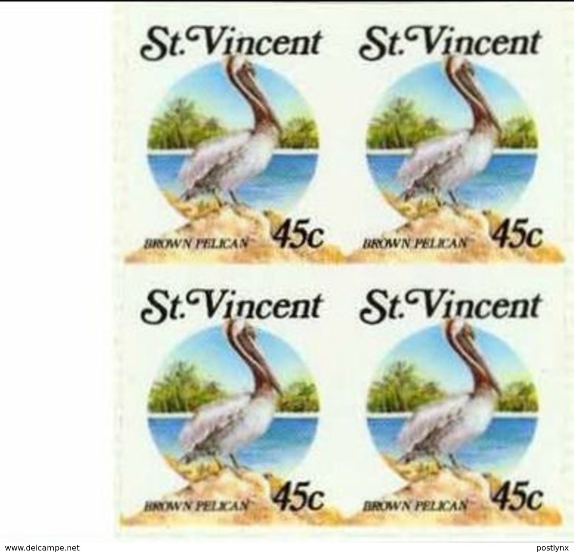 ST VINCENT 1988 Pelican 45c MARG.IMPERF.4-BLOCK¨' - Pélicans