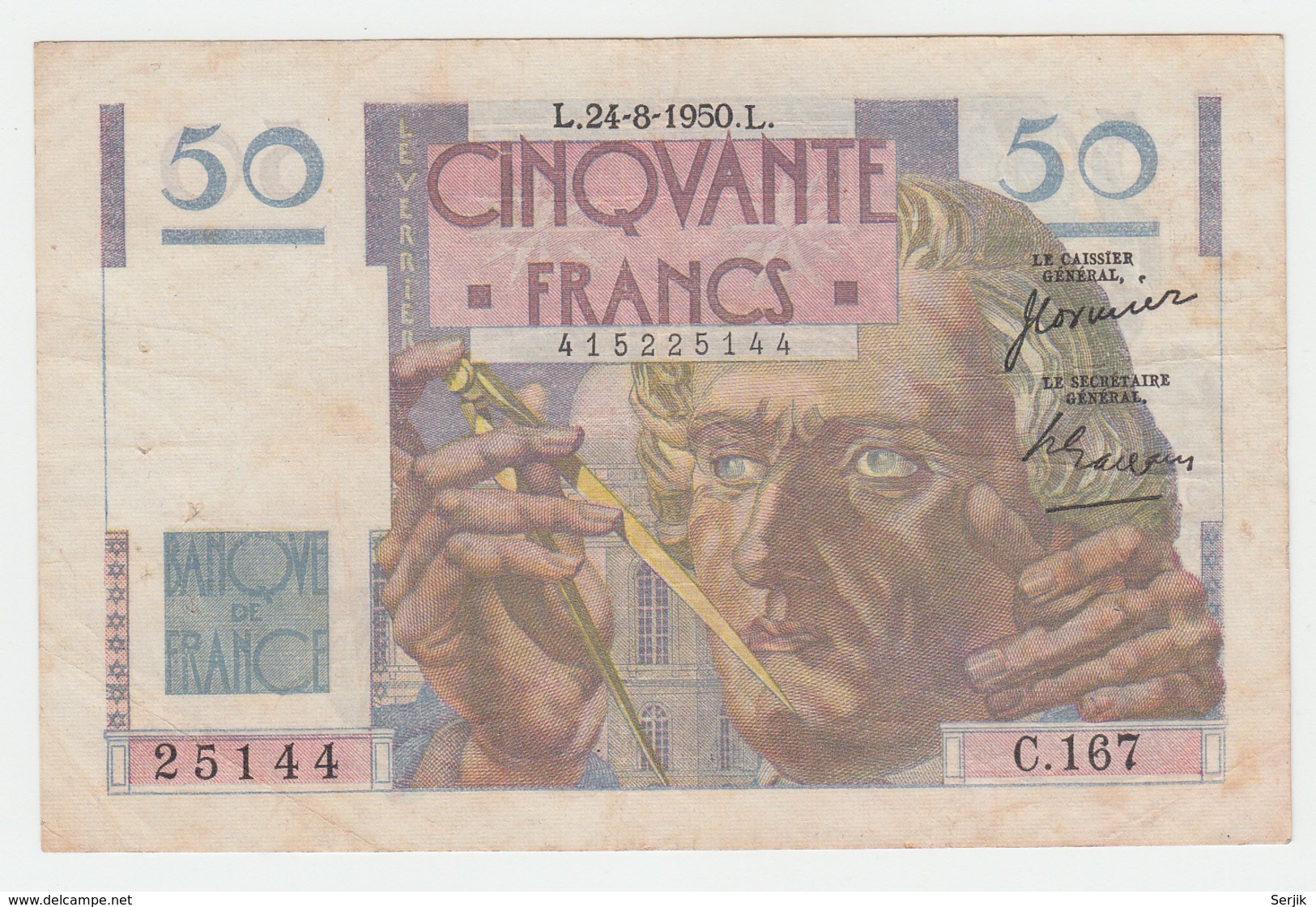 France 50 Francs 1950 VF Pick 127c  127 C - 50 F 1946-1951 ''Le Verrier''