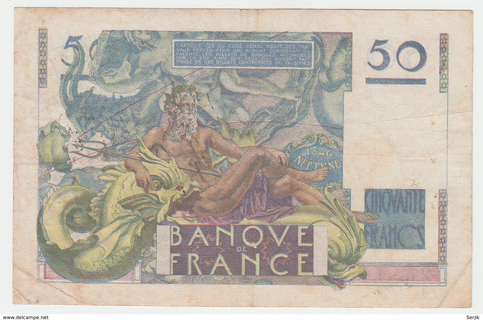 France 50 Francs 1950 VF Pick 127c  127 C - 50 F 1946-1951 ''Le Verrier''