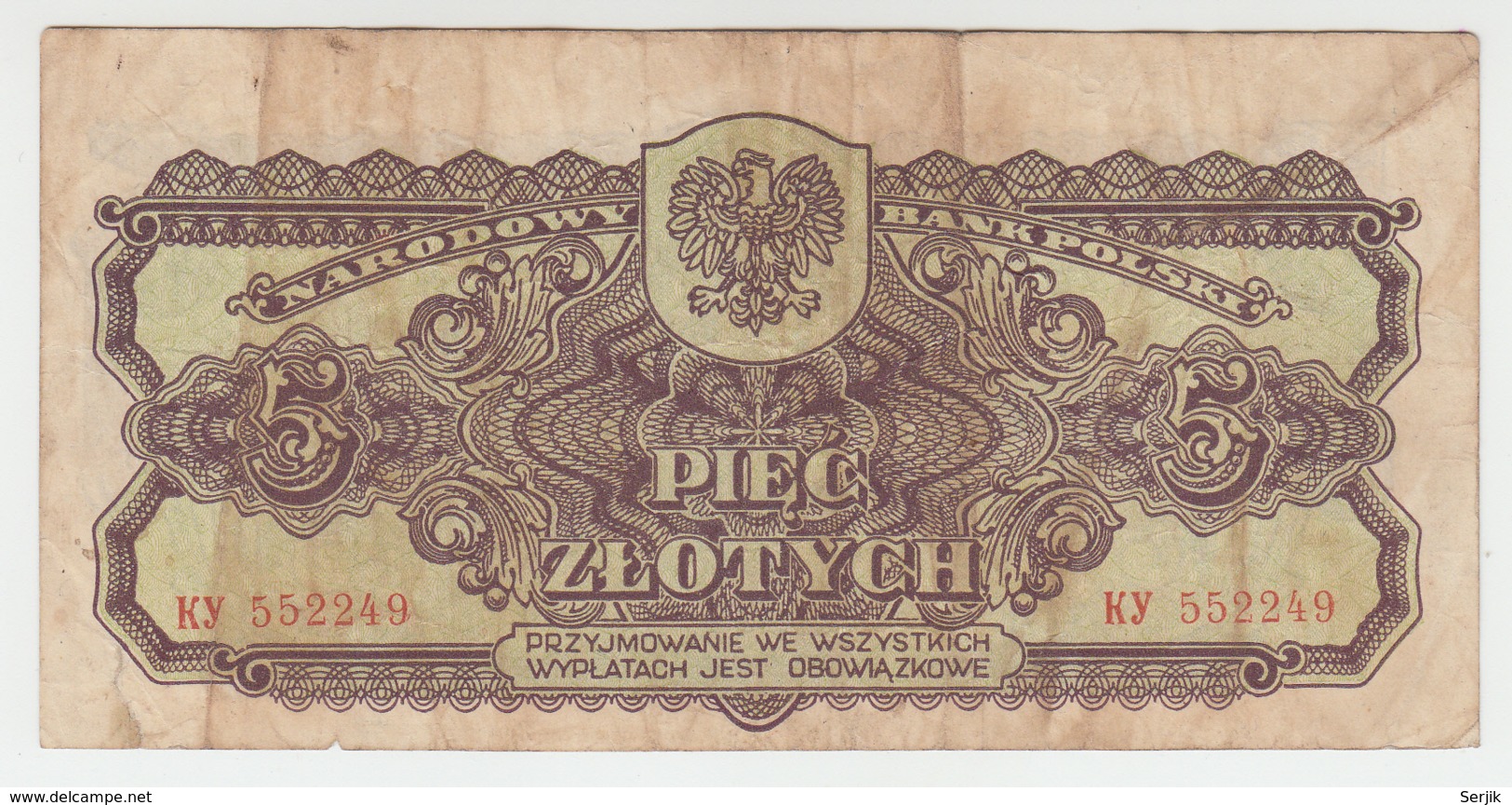 Poland 5 Zlotych 1944 VG+ Banknote WWII Pick 108 - Polonia