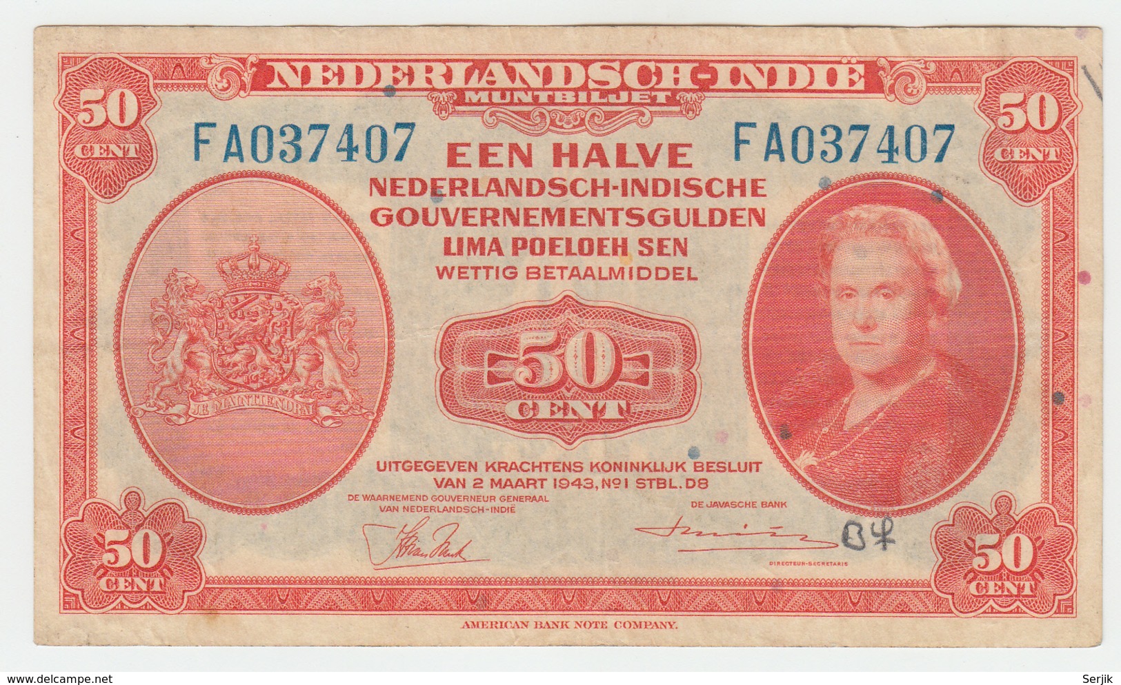 Netherlands-Indies 50 Cents 1943 VF+ Pick 110a 110 A - Indie Olandesi