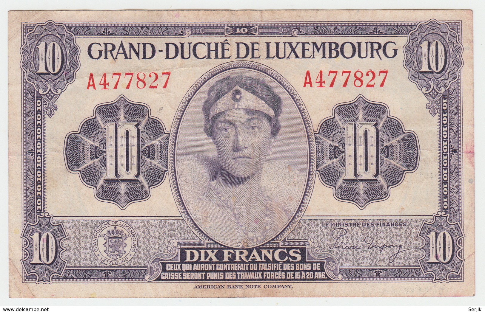 LUXEMBOURG 10 FRANCS 1944 VF Pick 44 - Luxemburg