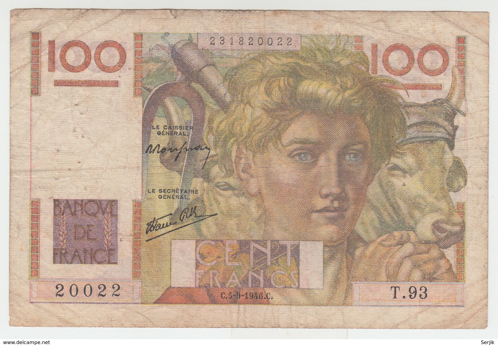 France 100 Francs 1946 VG Banknote Pick 128a 128 A - 100 F 1945-1954 ''Jeune Paysan''
