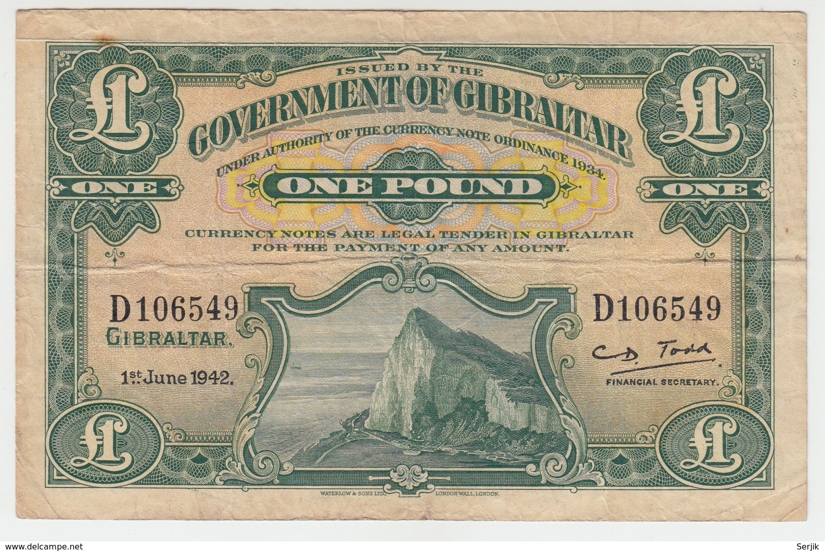 Gibraltar 1 Pound 1942 VF Pick 15b - Gibraltar