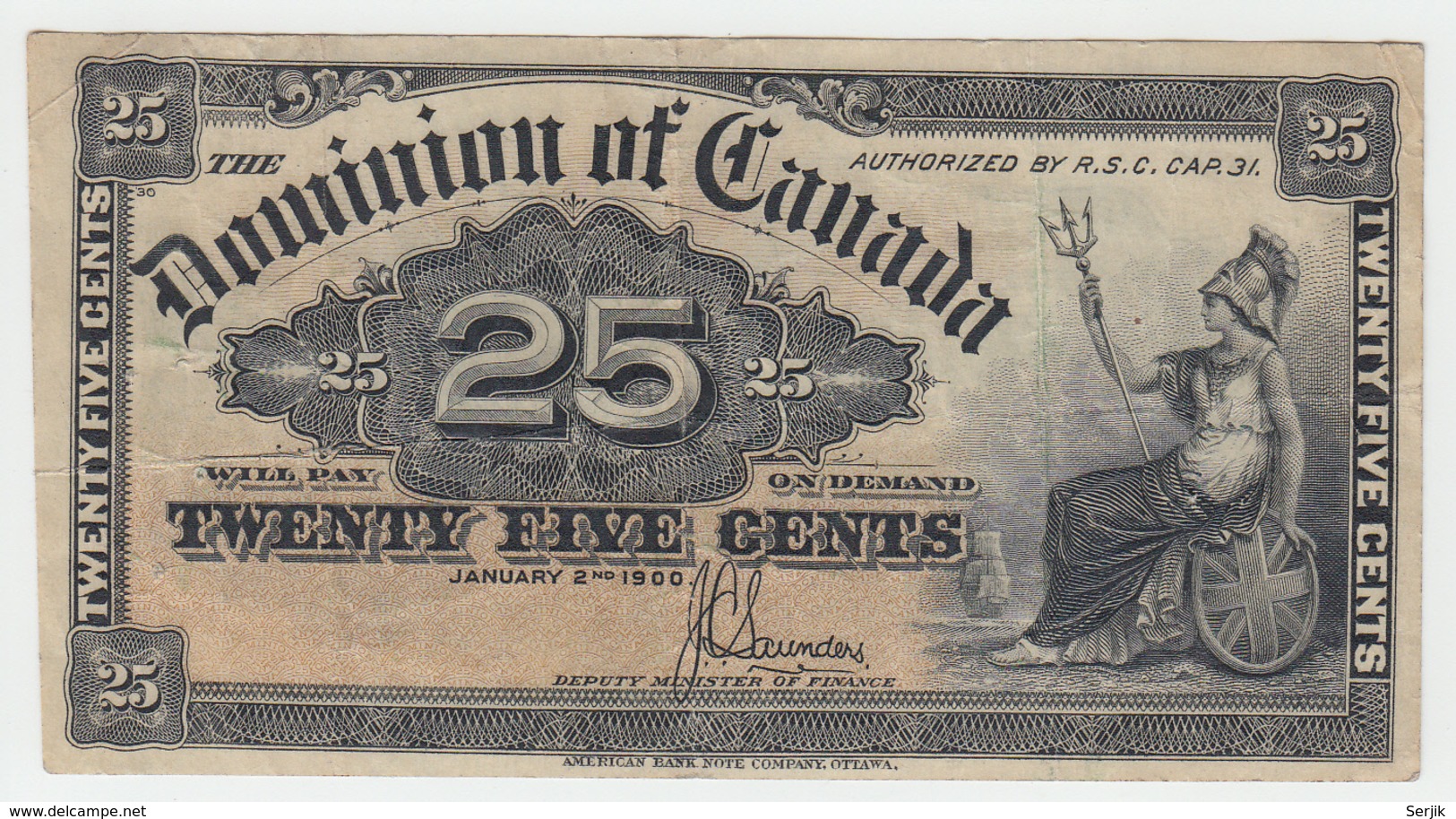 CANADA 25 CENTS 1900 VF Pick 9c 9 C (Signature Saunders) - Kanada