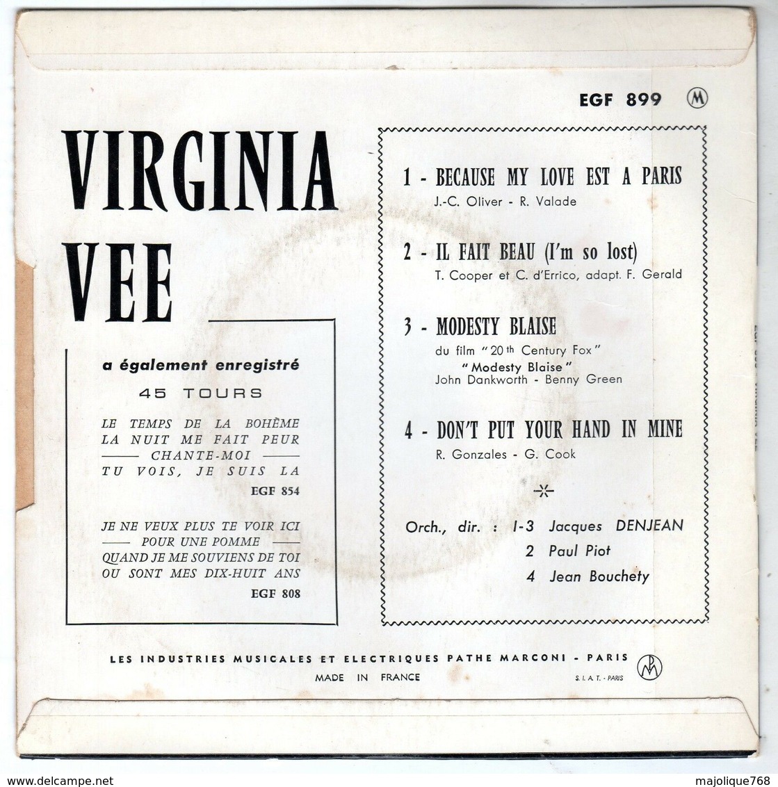 Virginia Vee - Because My Love Est A Paris - Pathé EGF 899 - 1966 - Soul - R&B