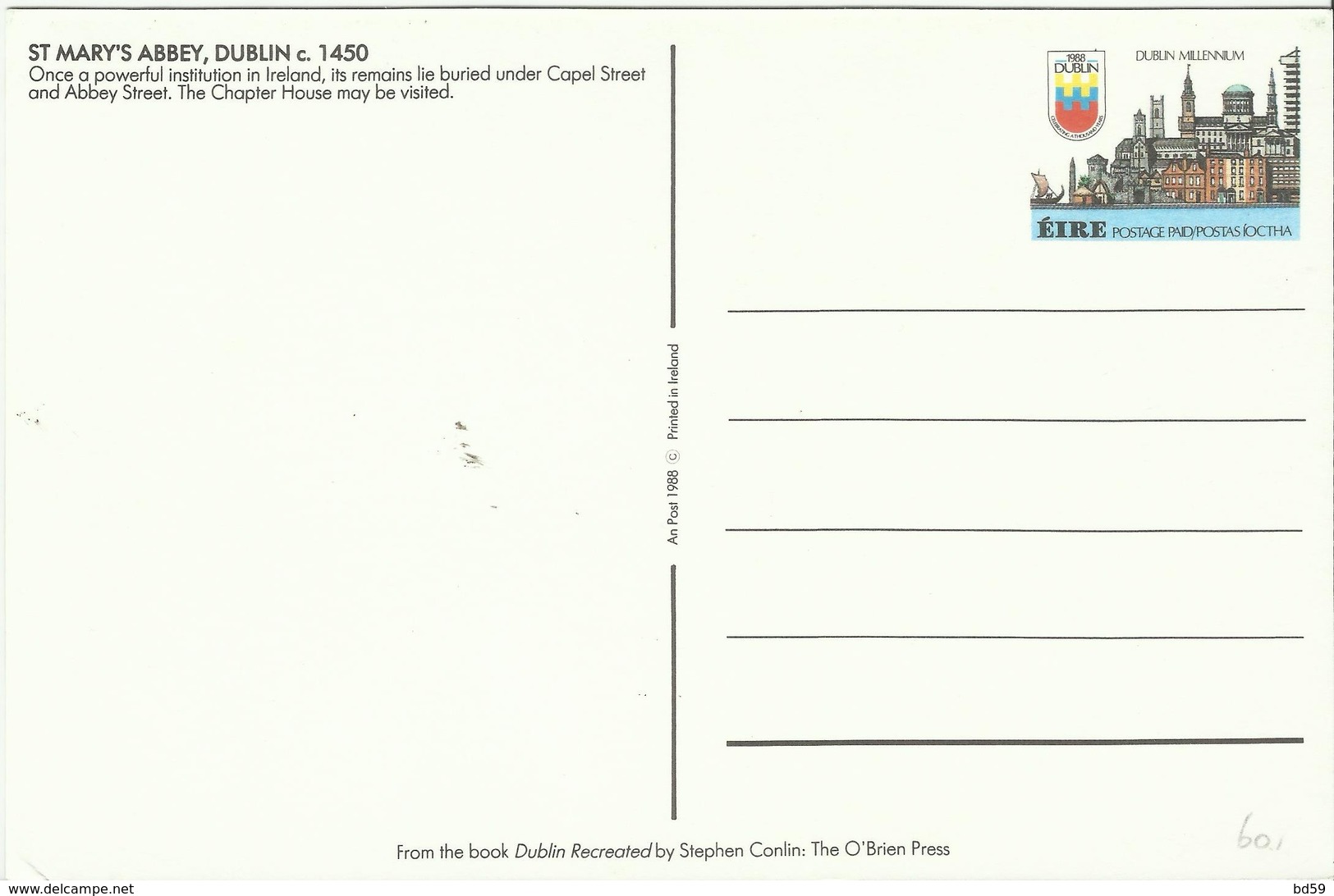 IRLANDE EIRE Entier Stationery Thème Religion Et Moyen-Age ST MARY'S, 2 Scans Recto-verso - Entiers Postaux