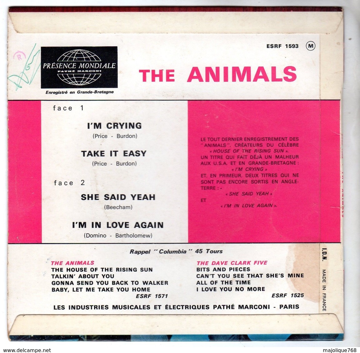 Pochette Sans Disque De The Animals  - Columbia ESDF 1593 - 1964 - Accessoires, Pochettes & Cartons