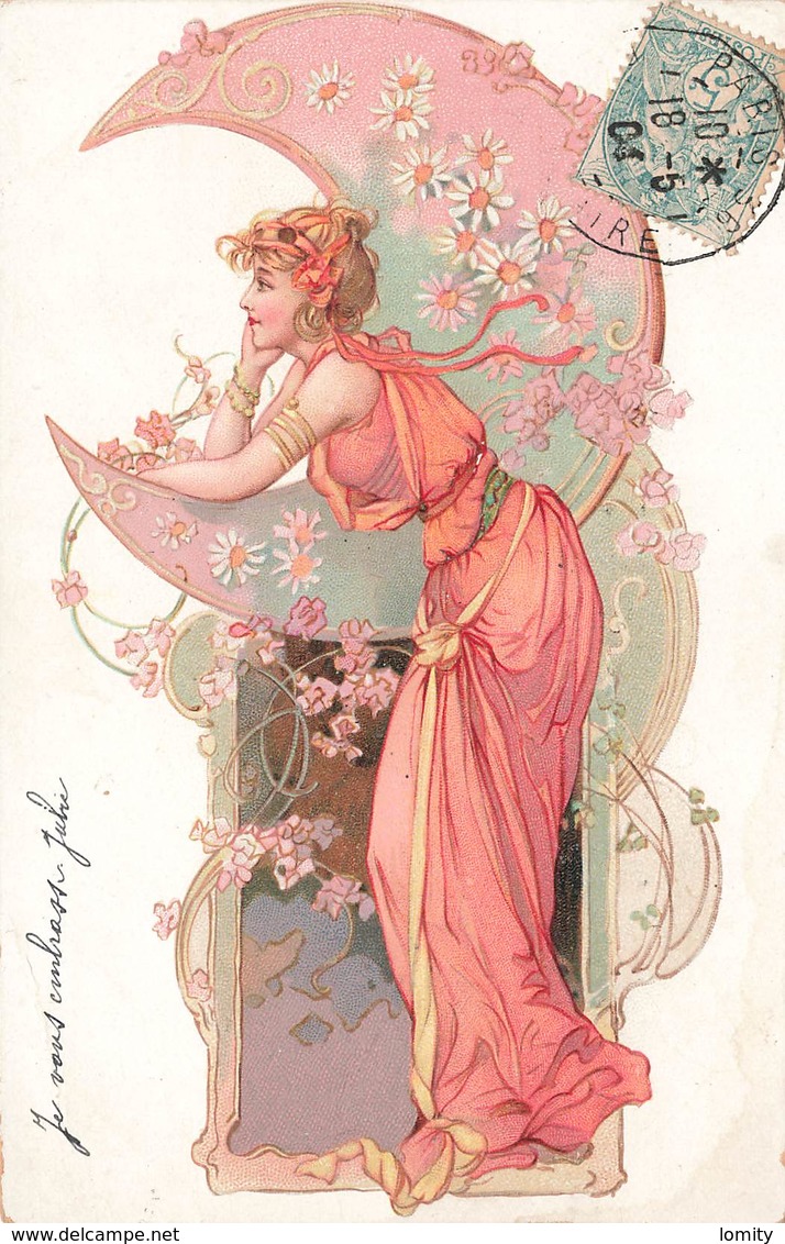 Illustration Illustrateur Dans Le Genre Mucha Femme Appuyée Sur Lune Fleurs Robe Style Art Nouveau Cachet 1904 - 1900-1949