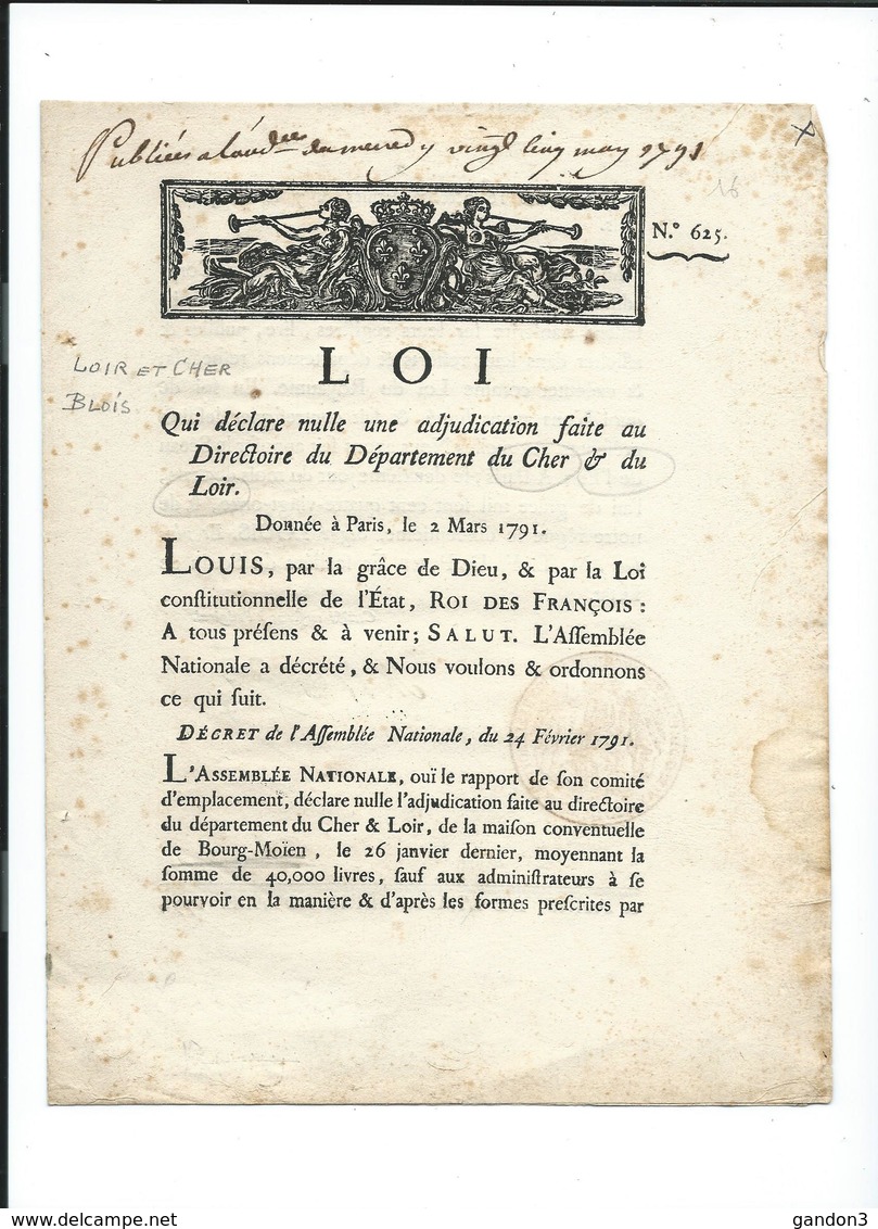 LOI  Qui Déclare Nulle Une Adjudication Faite Au Directoire Du Département Du CHER Et Du LOIR - Imprimerie ROYALE  1791 - Décrets & Lois