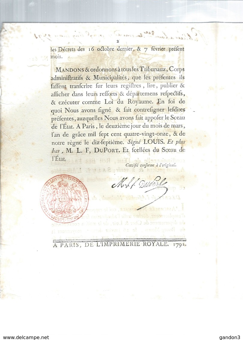 LOI  Qui Déclare Nulle Une Adjudication Faite Au Directoire Du Département Du CHER Et Du LOIR - Imprimerie ROYALE  1791 - Décrets & Lois