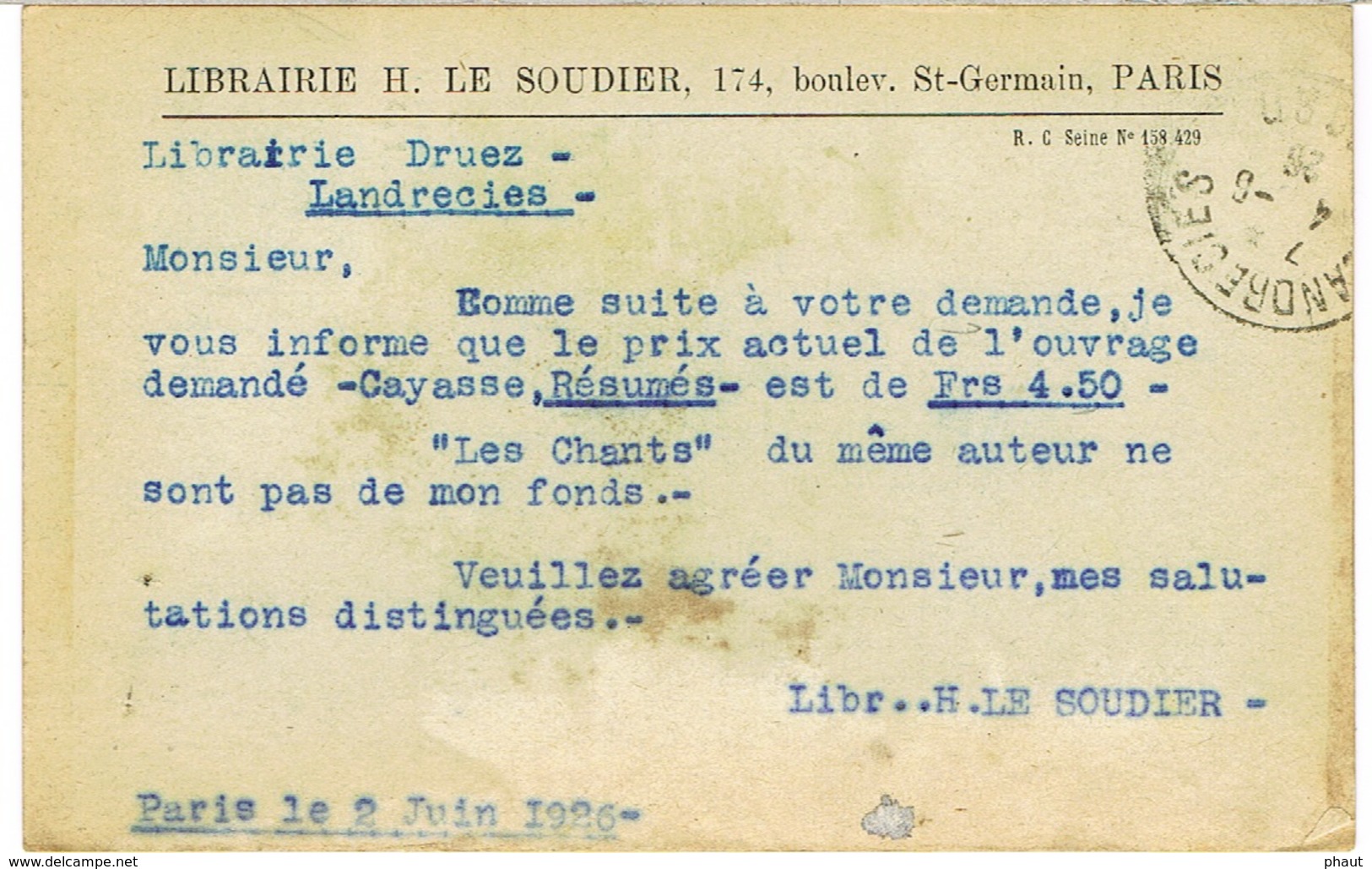 SEMEUSE PERFOREE SUR CARTE COMMERCIALE HLS LIBRAIRIE H LE SOUDIER PARIS - 1921-1960: Période Moderne