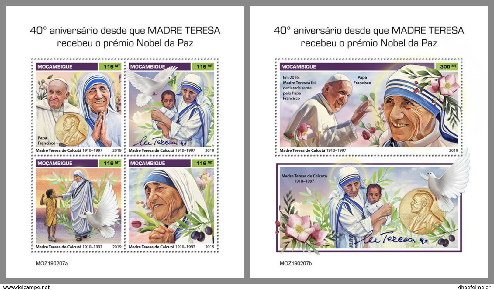 MOZAMBIQUE 2019 MNH Mother Teresa Mutter Teresa Mere Teresa Nobel Prize M/S+S/S - IMPERFORATED - DH1919 - Madre Teresa