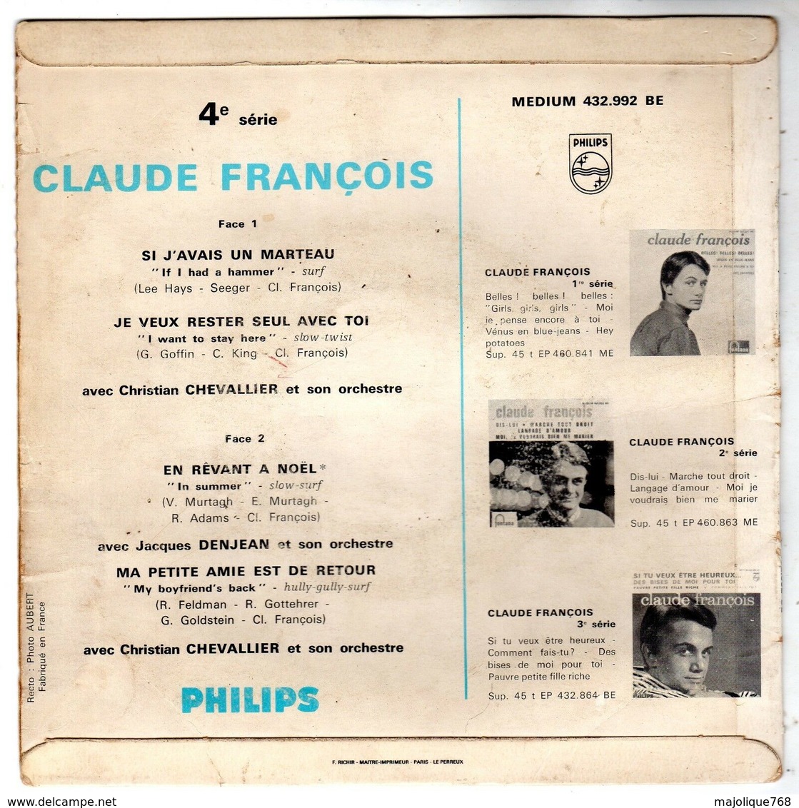 Pochette Sans Disque - Claude François - Si J'avais Un Marteau - Philips 432.992 BE 6 1963 - Zubehör & Versandtaschen