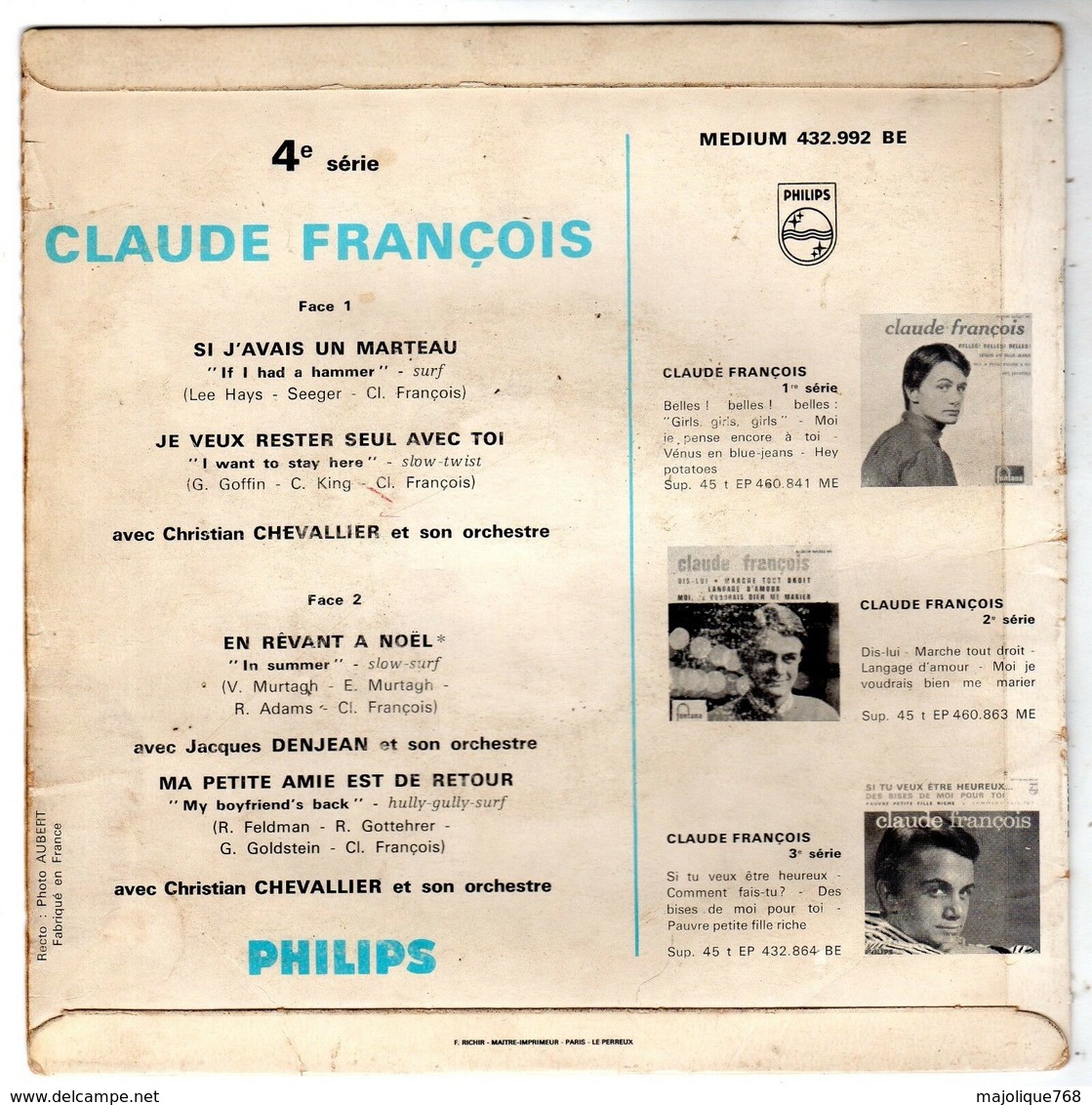 Pochette Sans Disque - Claude François - Si J'avais Un Marteau - Philips 432.992 BE 6 1963 - Accessoires, Pochettes & Cartons