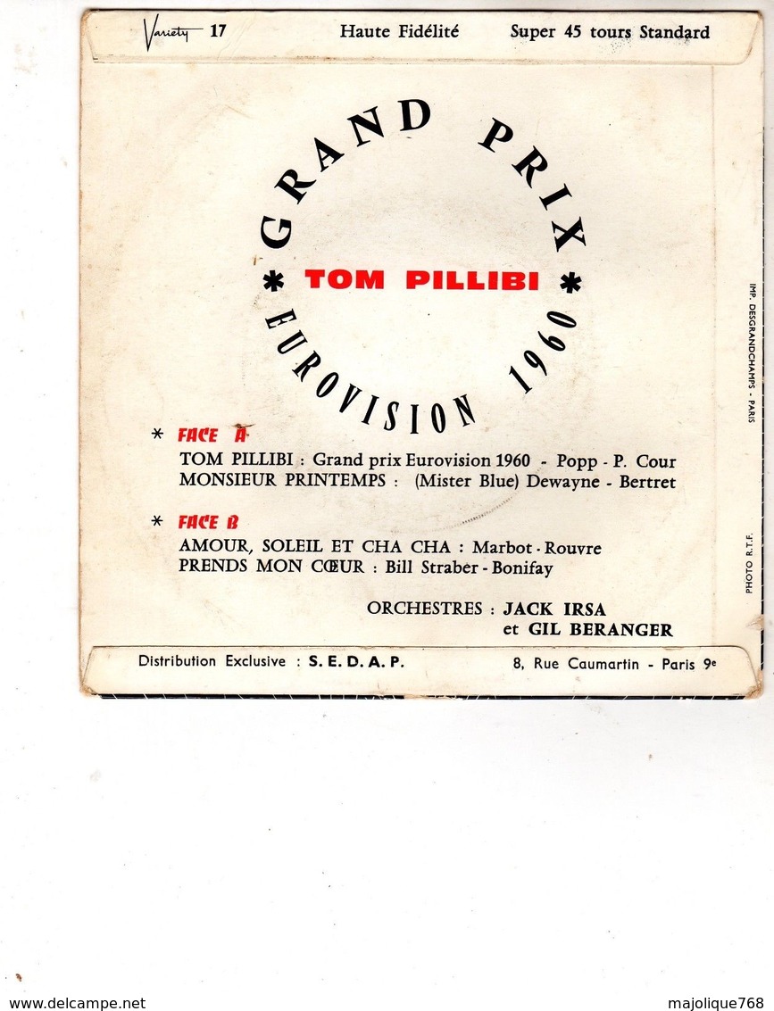 Pochette Sans Disque -Tom Pillibi Grand Prix De Eurovision 1960 - Variéty 17 - - Accessories & Sleeves