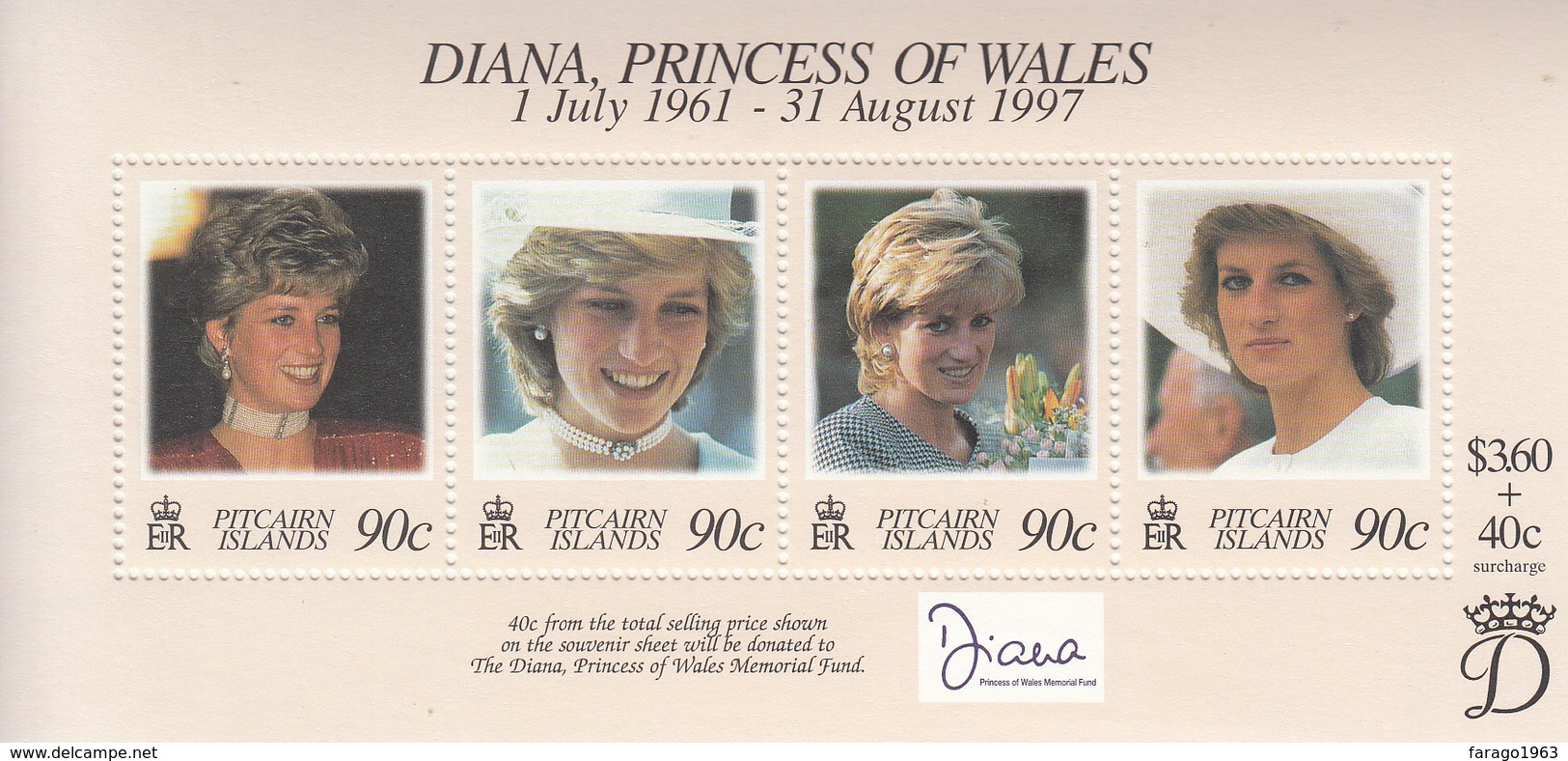 1998 Pitcairn Island Diana Princess Semi-postal Complete Set Of 1 Souvenir Sheet  MNH - Pitcairn Islands