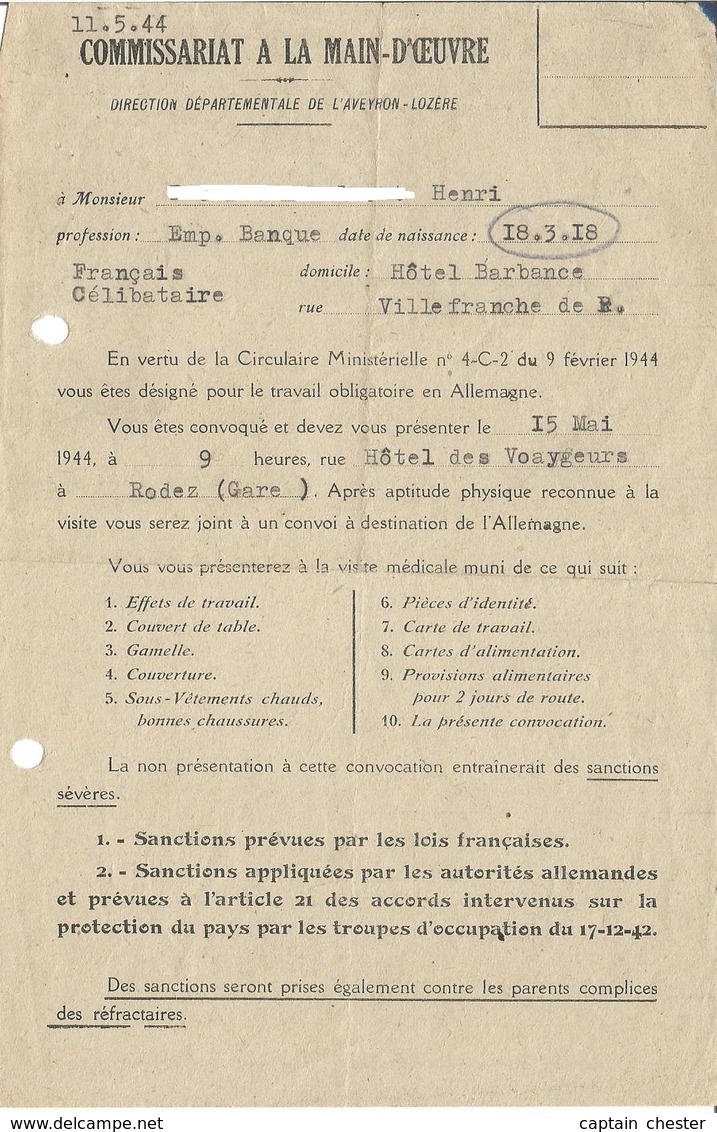 Convocation Pour Le Service Du Travail Obligatoire - S.T.O. 1944 Rodez - Documents