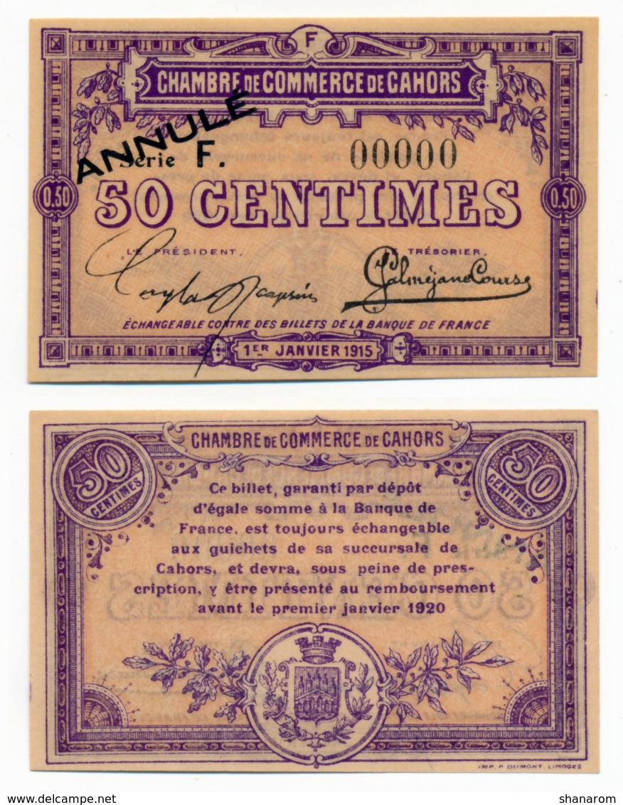 1914-1918 // C.D.C. // CAHORS // ANNULE // 1 Janvier 1915 // 50 Cts //  Sans Filigrane - Handelskammer