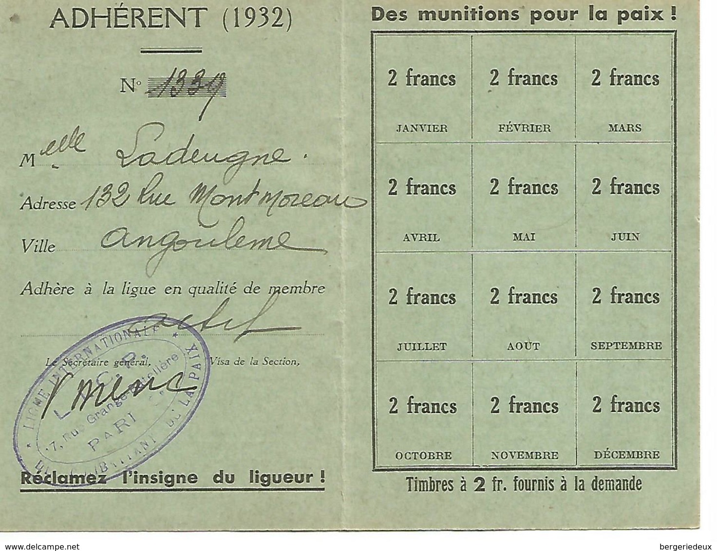 Carte D'adhérant 1932    Ligue Internationale Des Combattants De La Paix - Unclassified