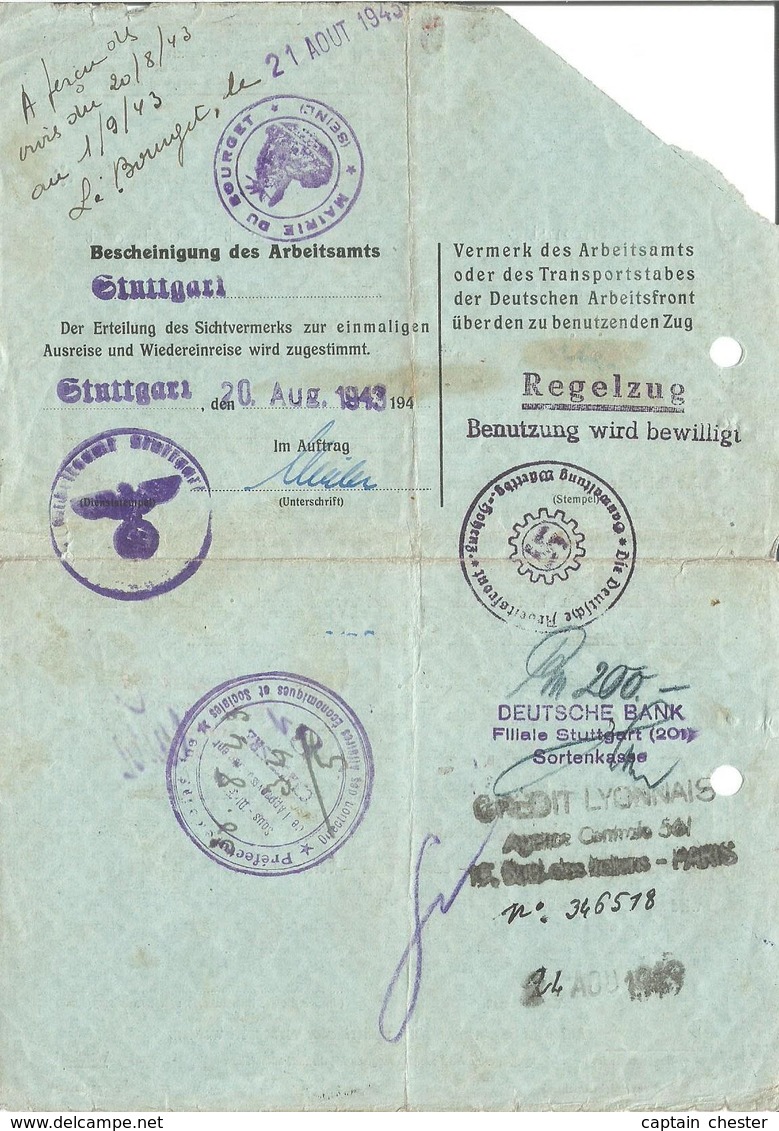 Feuille De Permission Exceptionnelle - Service Du Travail Obligatoire S.T.O. 1943 Stuttgart - Documents