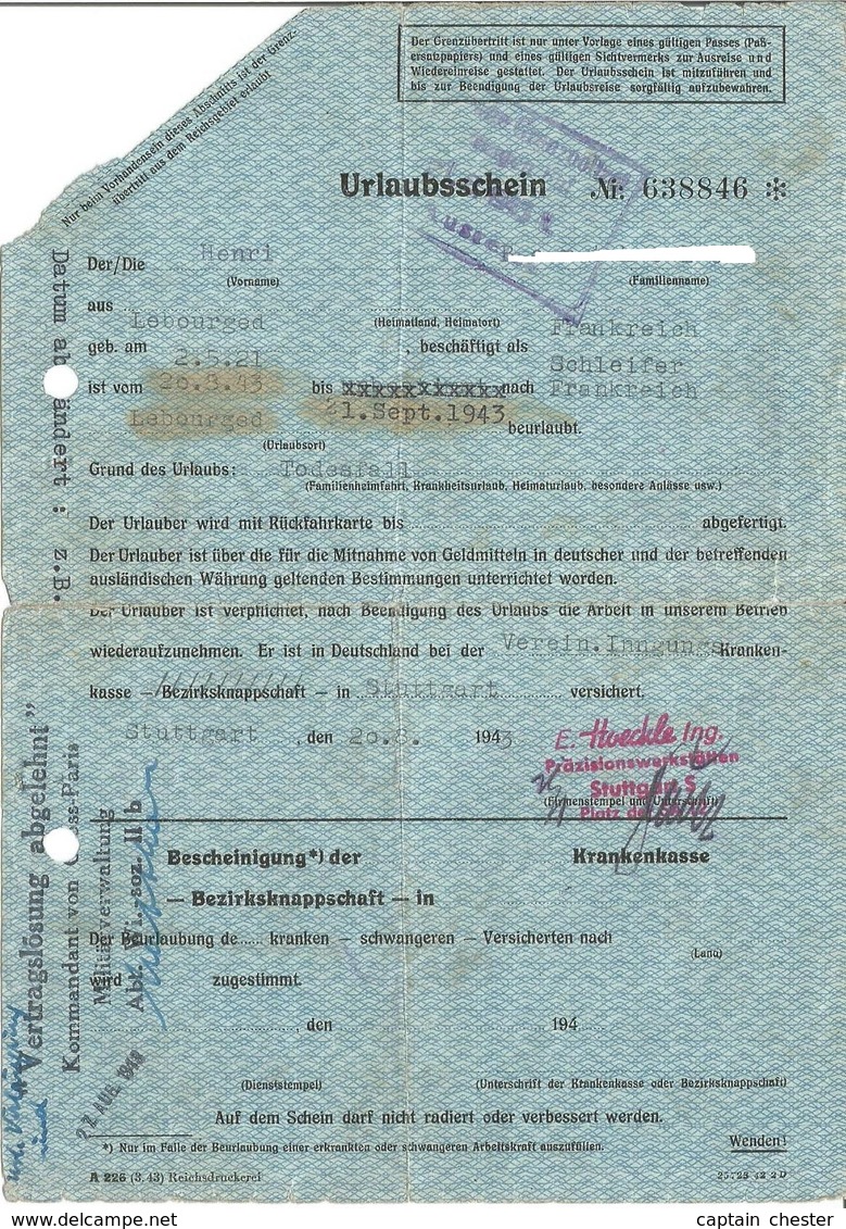 Feuille De Permission Exceptionnelle - Service Du Travail Obligatoire S.T.O. 1943 Stuttgart - Documents