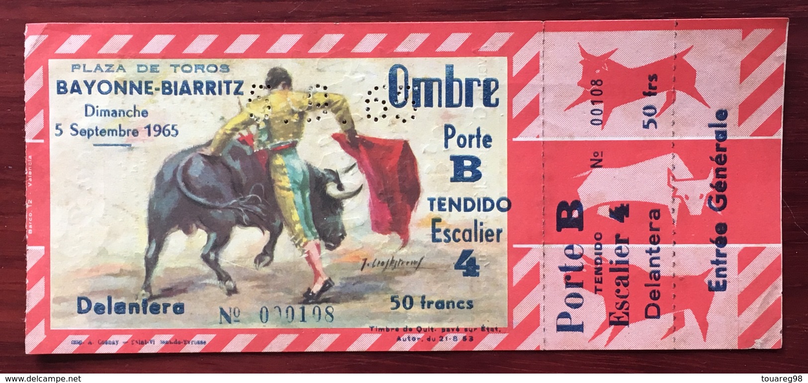 Ticket D'entrée Non Utilisé. Corrida. Plaza De Torros. Bayonne-Biarritz. 5 Septembre 1965. - Tickets D'entrée