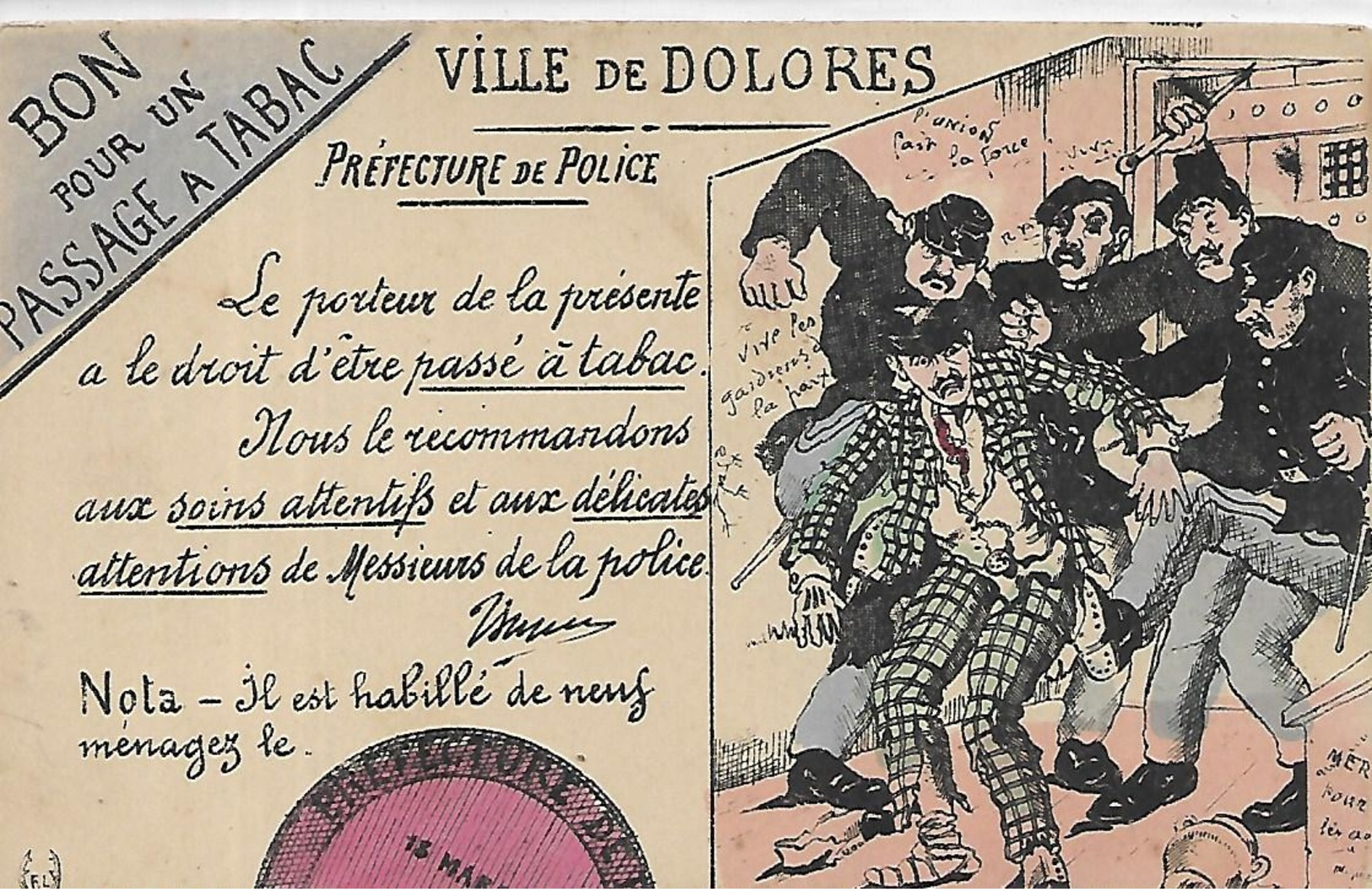 Thèmes, HUMOUR, Ville De Dolorès, Bon Pour Un Passage à Tabac, Préfectire De Po Animations, Couleurs, Scan Recto-Verso - Humour