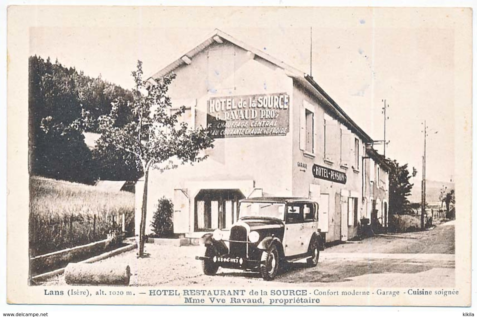 CPSM  9 X 14  Isère LANS (en Vercors) Hôtel Restaurant De La Source...Mme Vve Ravaud Propriétaire  Automobile 6594 HK 5 - Autres & Non Classés