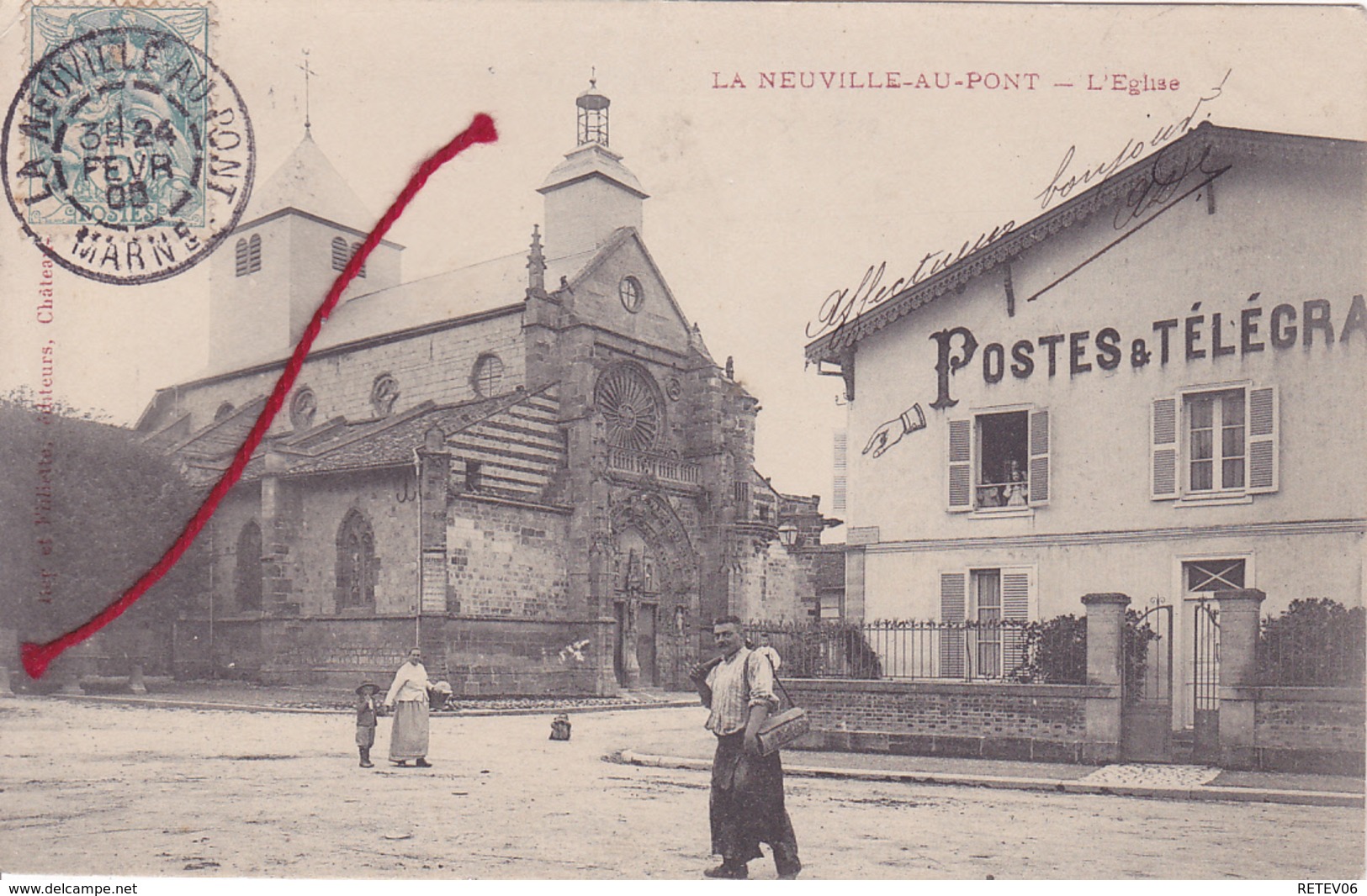 (51) - Neuville-au-Pont L' Eglise Postes Télégraphe Carte  1905 - Autres & Non Classés