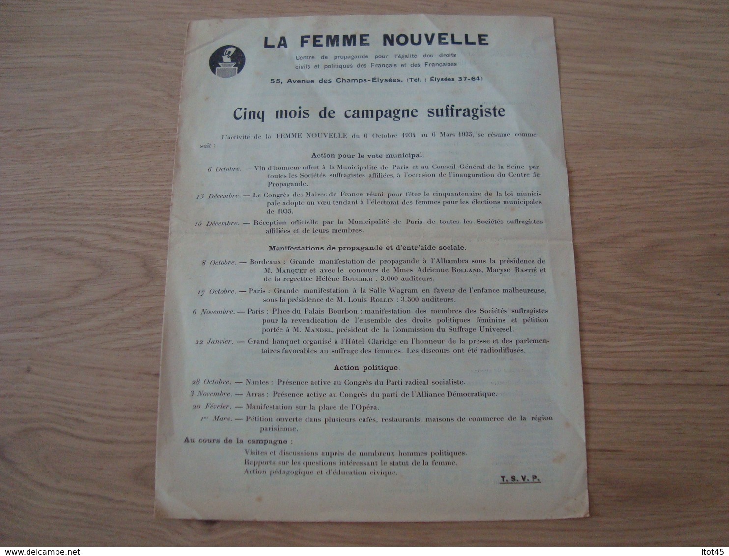 DOCUMENT DU CENTRE DE PROPAGANDE POUR L'EGALITE DES DROITS LA FEMME NOUVELLE 1935 - Historische Documenten