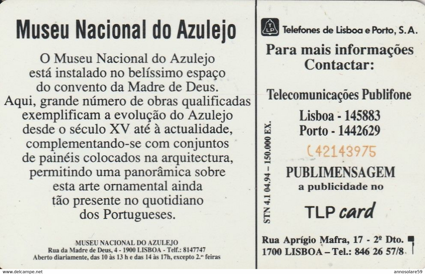 PORTUGAL MUSEO NACIONAL DO AZULEJO 1994 TLP Card 50 Phonecard Carte Telephonique - LEGGI - Cultura