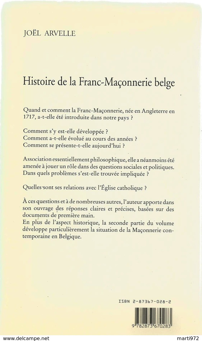 Histoire De La Franc-maçonnerie Belge Franc-maçon Loge Maçonnique J. Arvelle - Autres & Non Classés