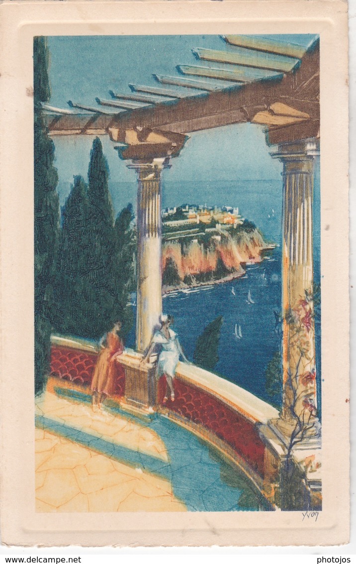 2 CPA Dessinées De: Monaco   Le Musée Océanographique (ed Robaudy)  Vue Des Jardins Exotiques (Yvon 131) - Monte-Carlo